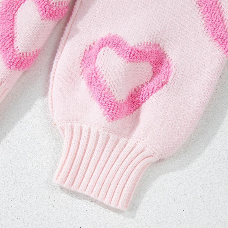 Dear-Lover Women’S Pink Heart Shape Pattern Lantern Sleeve Drop Shoulder Baggy Valentine’S Day Sweater