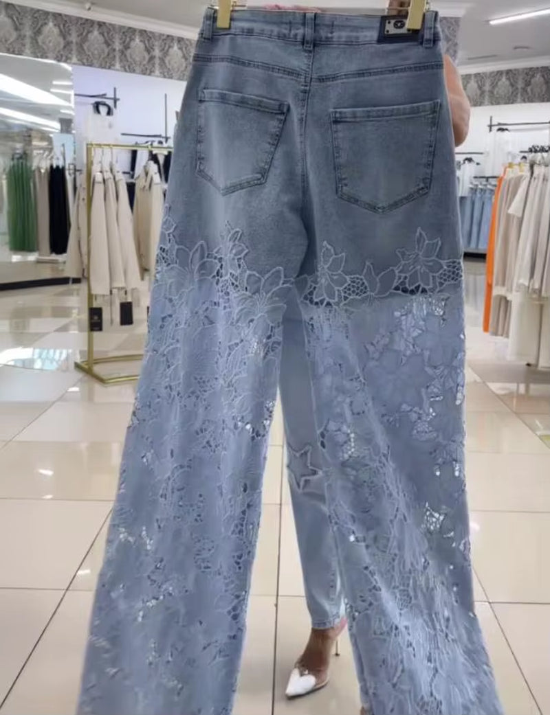 Women'S Party Denim Pants Autumn Fashion Guipure Lace Patchwork High Waist Zipper Fly Wide Leg Washed Jeans for Women Wear