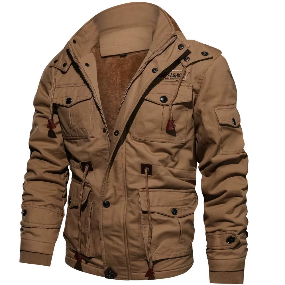 Men'S Hooded Winter Jackets Plush Thickened Coat Autumn Large Tactical Cotton Medium and Long Work Clothes Bomber Tactical Coats