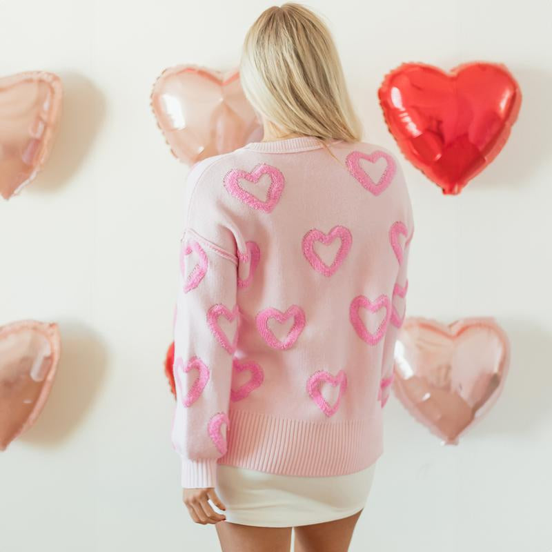 Dear-Lover Women’S Pink Heart Shape Pattern Lantern Sleeve Drop Shoulder Baggy Valentine’S Day Sweater