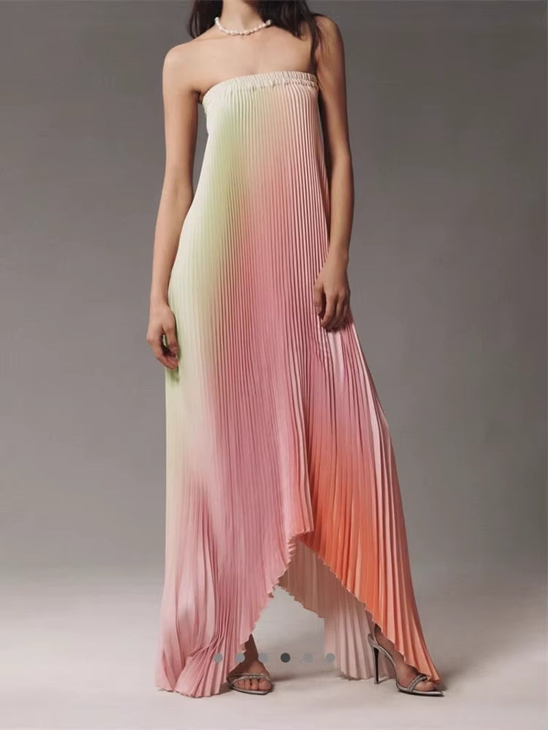 Elegant Sleeveless off Shoulder Gradient Long Dress Women'S Fashion Backless Folds Gala Gowns New Female Irregular Evening Dress