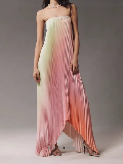 Elegant Sleeveless off Shoulder Gradient Long Dress Women'S Fashion Backless Folds Gala Gowns New Female Irregular Evening Dress