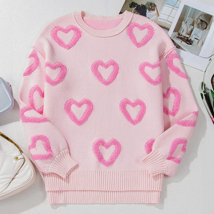 Dear-Lover Women’S Pink Heart Shape Pattern Lantern Sleeve Drop Shoulder Baggy Valentine’S Day Sweater