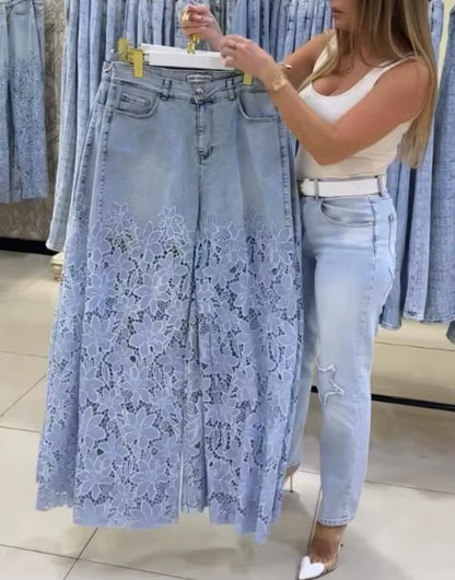 Women'S Party Denim Pants Autumn Fashion Guipure Lace Patchwork High Waist Zipper Fly Wide Leg Washed Jeans for Women Wear