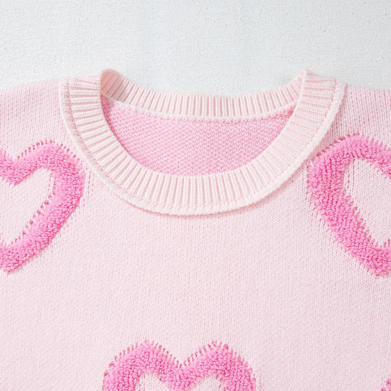 Dear-Lover Women’S Pink Heart Shape Pattern Lantern Sleeve Drop Shoulder Baggy Valentine’S Day Sweater